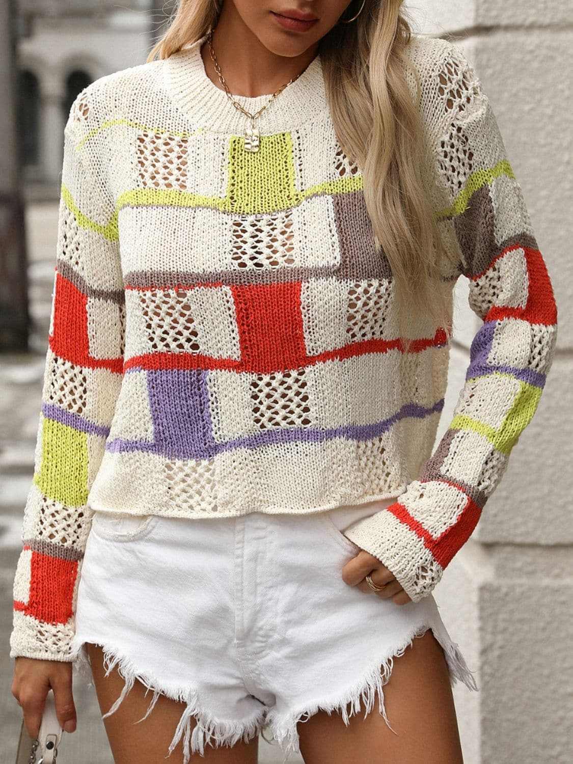 Colorful crochet round neck pullover - Love Salve